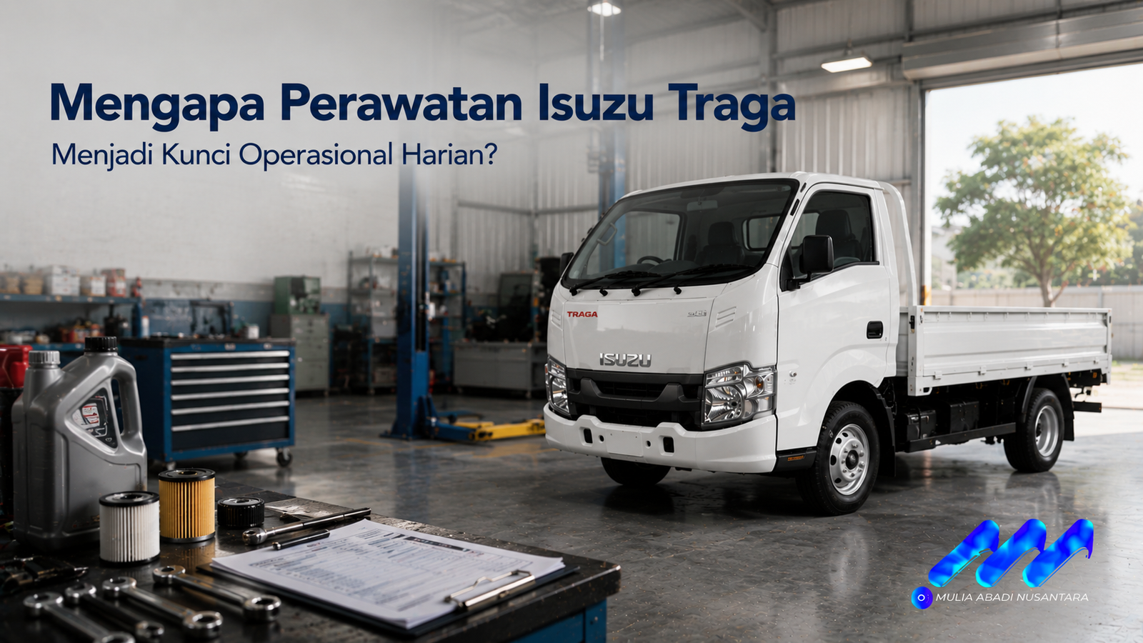 Isuzu Traga di area servis dengan perlengkapan perawatan kendaraan sebagai ilustrasi pentingnya perawatan rutin untuk menjaga performa kendaraan niaga.