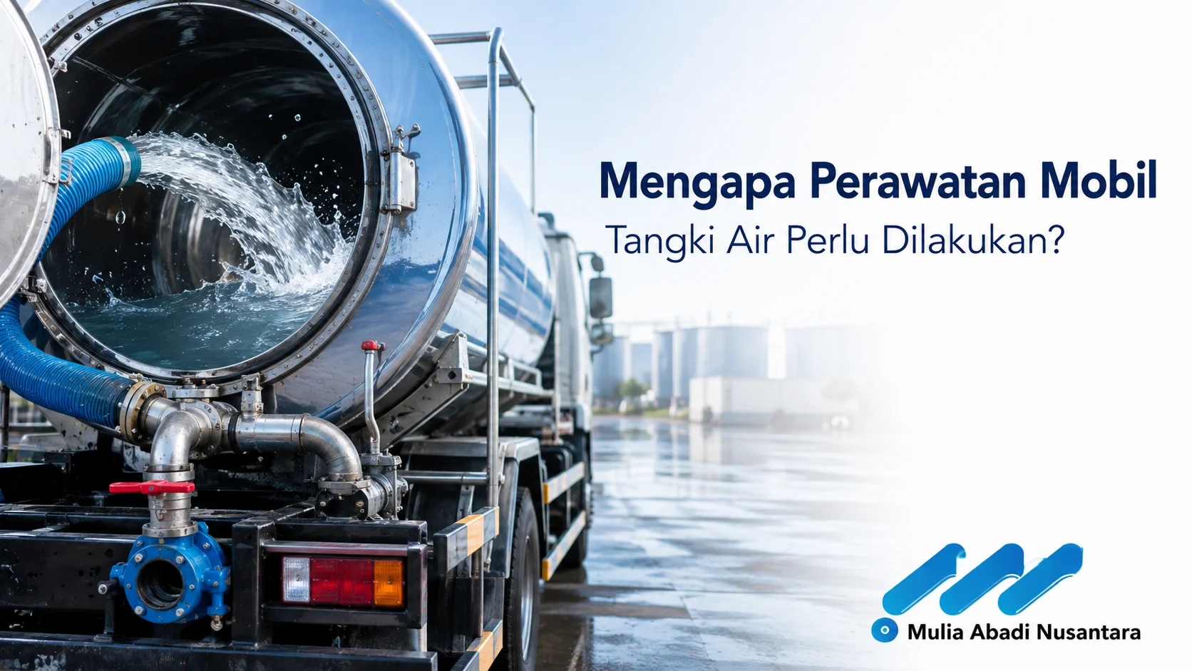 Proses perawatan mobil tangki air melalui pembersihan tangki dan pemeriksaan sistem distribusi untuk menjaga kualitas air bersih