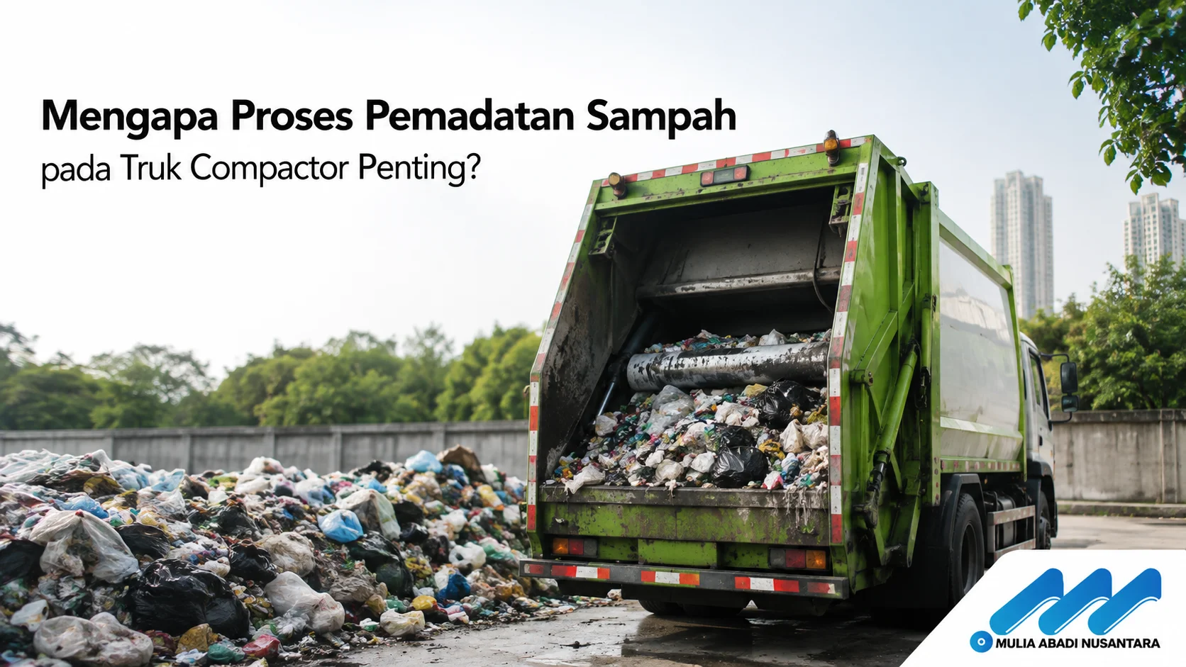 Truk compactor sedang melakukan proses pemadatan sampah di area pengelolaan limbah untuk meningkatkan kapasitas angkut dan efisiensi pengangkutan sampah.