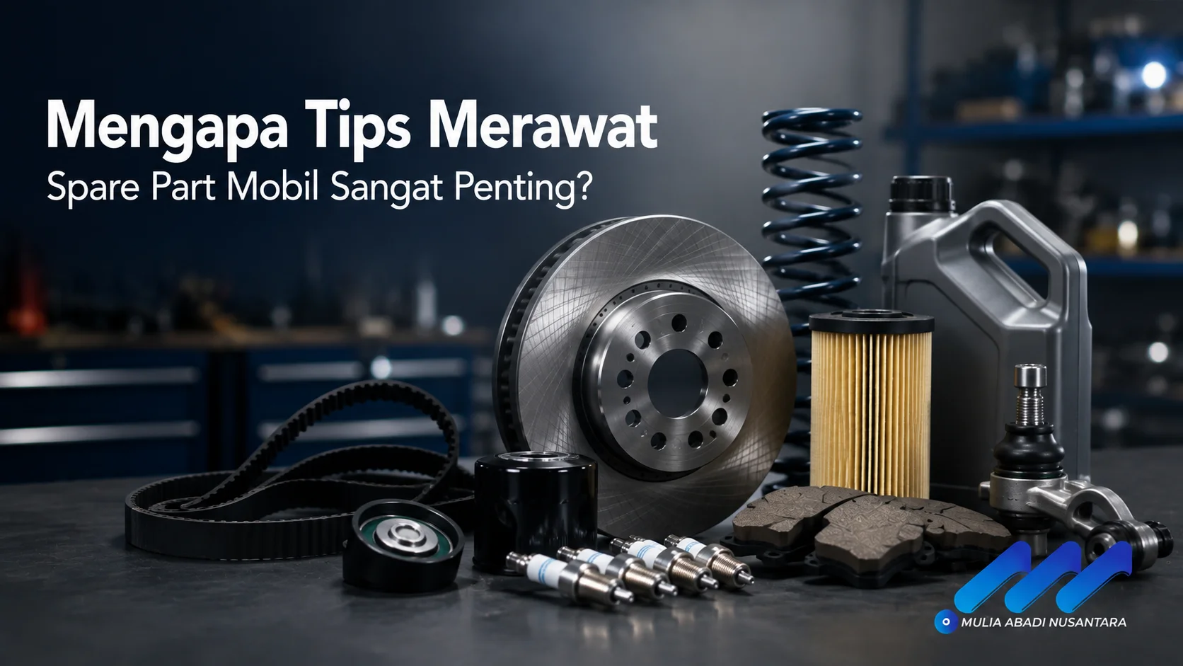 Berbagai spare part mobil seperti cakram rem, filter oli, kampas rem, timing belt, dan komponen suspensi tersusun rapi sebagai ilustrasi pentingnya perawatan rutin kendaraan.