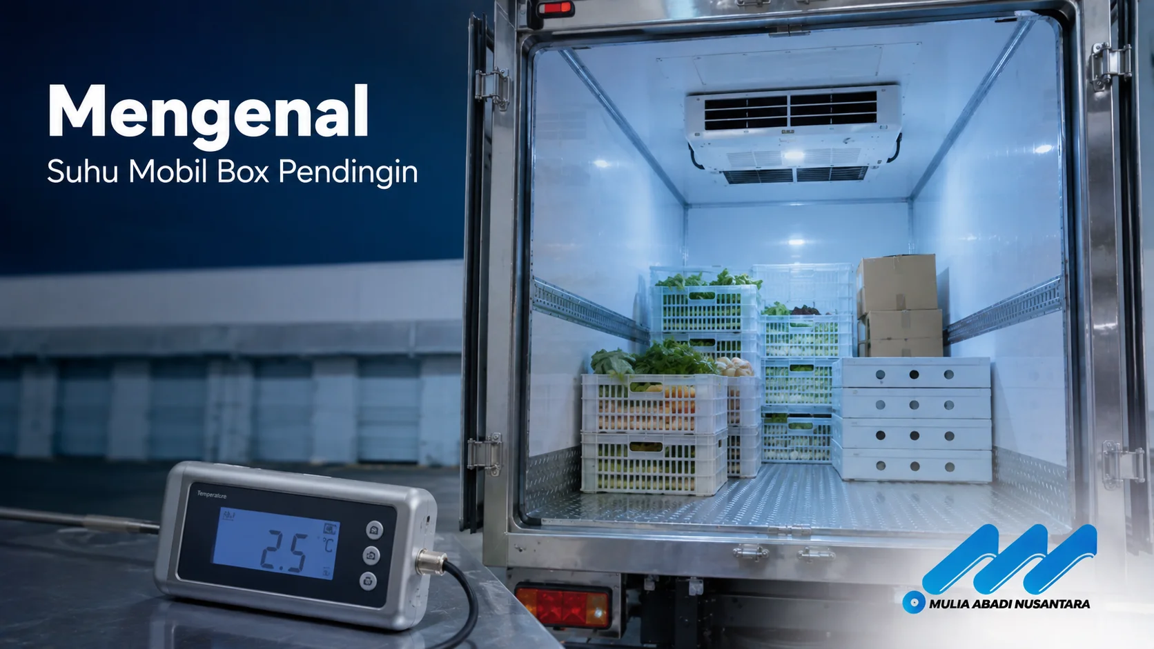 Mobil box pendingin dengan sistem refrigerasi yang menjaga suhu ruang kargo tetap stabil untuk mendukung distribusi produk dalam rantai dingin.