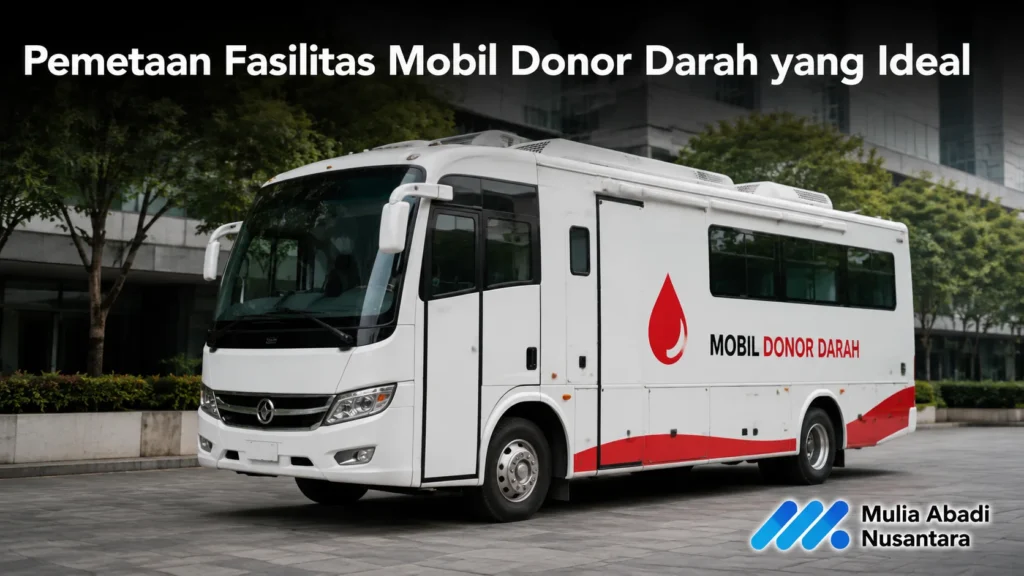 Mobil donor darah modern untuk layanan kesehatan keliling di area perkotaan.