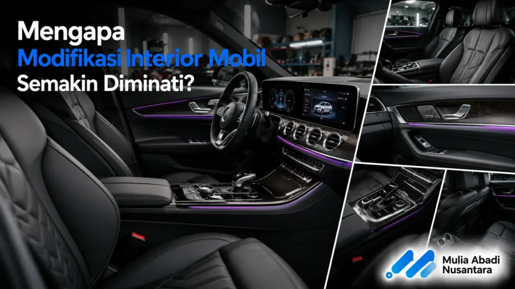 Interior mobil modern dengan jok kulit premium, dashboard digital, ambient lighting, dan kabin yang bersih di dalam workshop profesional.