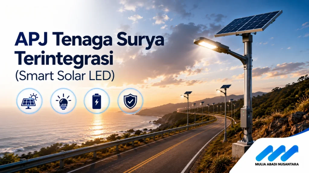 Lampu jalan tenaga surya terintegrasi (Smart Solar LED) di jalan pesisir dengan logo Mulia Abadi Nusantara.