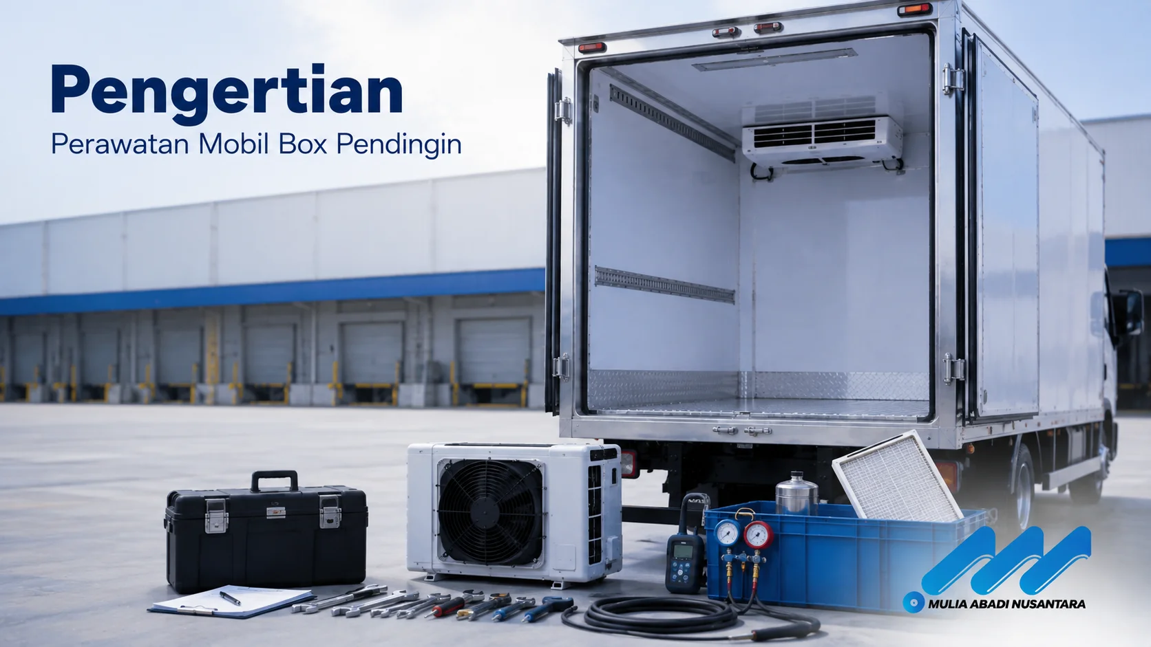Mobil box pendingin yang sedang menjalani perawatan rutin untuk menjaga kinerja sistem refrigerasi dan kestabilan suhu selama distribusi.