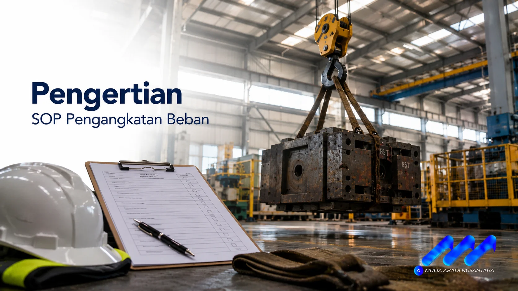 SOP pengangkatan beban ditampilkan sebagai prosedur kerja untuk memastikan proses lifting material berlangsung aman, terkontrol, dan sesuai standar keselamatan kerja.