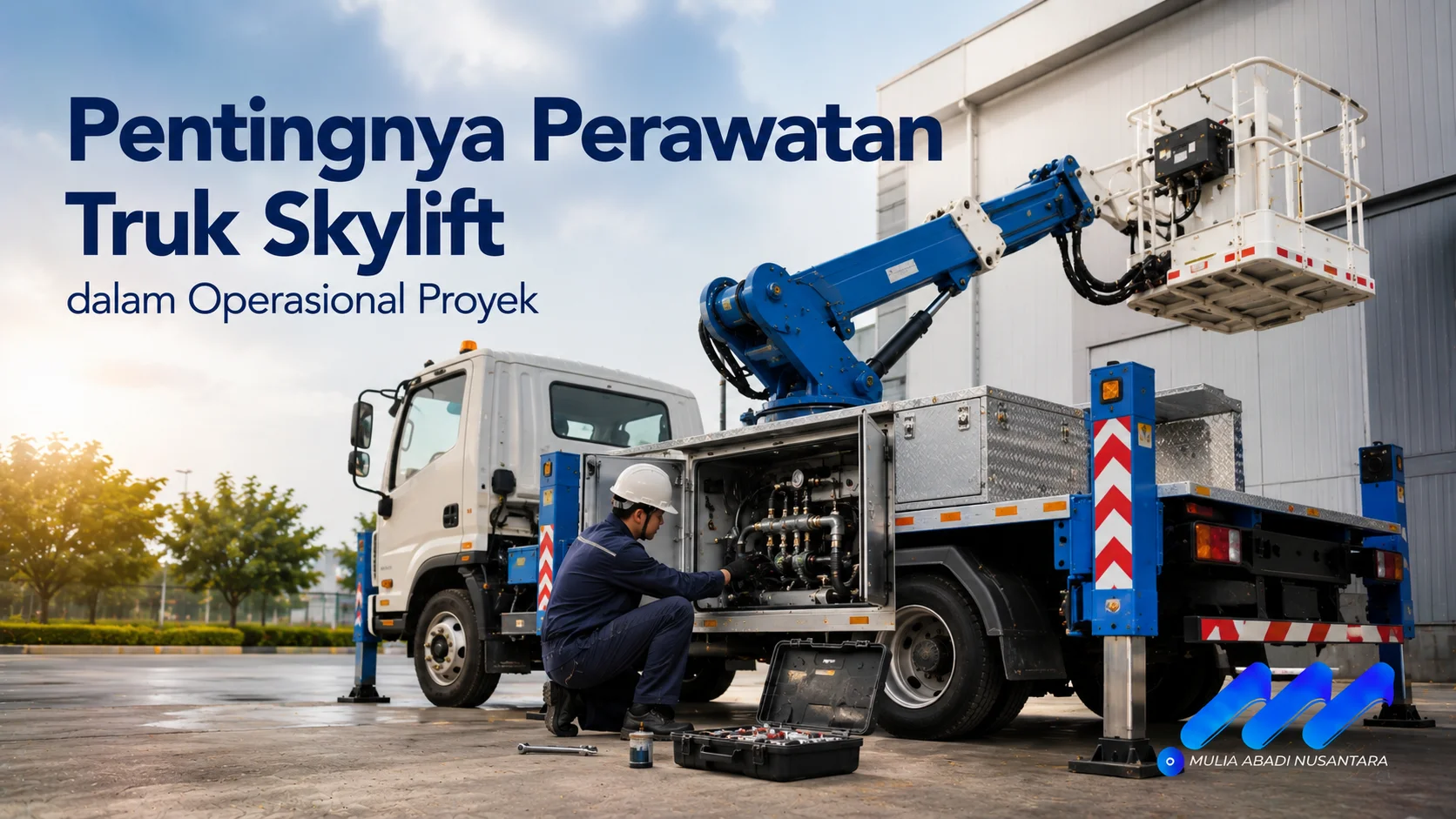 Proses perawatan truk skylift dengan pemeriksaan sistem hidrolik dan komponen utama untuk menjaga keamanan serta performa operasional di lapangan.