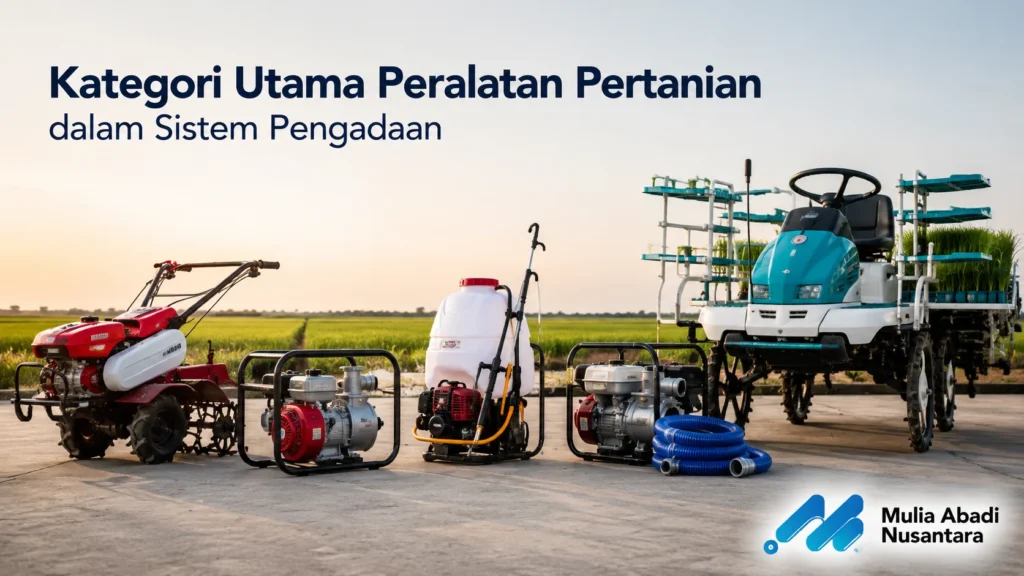 Kategori utama peralatan pertanian dalam sistem pengadaan dengan berbagai alat pertanian modern