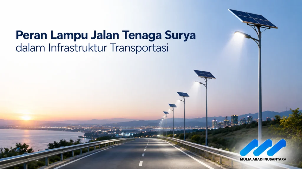 Jalan raya modern yang diterangi oleh lampu jalan tenaga surya saat senja.