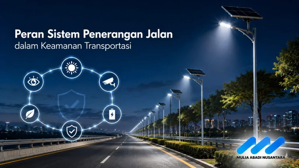 Jalan raya modern yang sibuk di malam hari dengan sistem penerangan jalan yang terang dan aman.