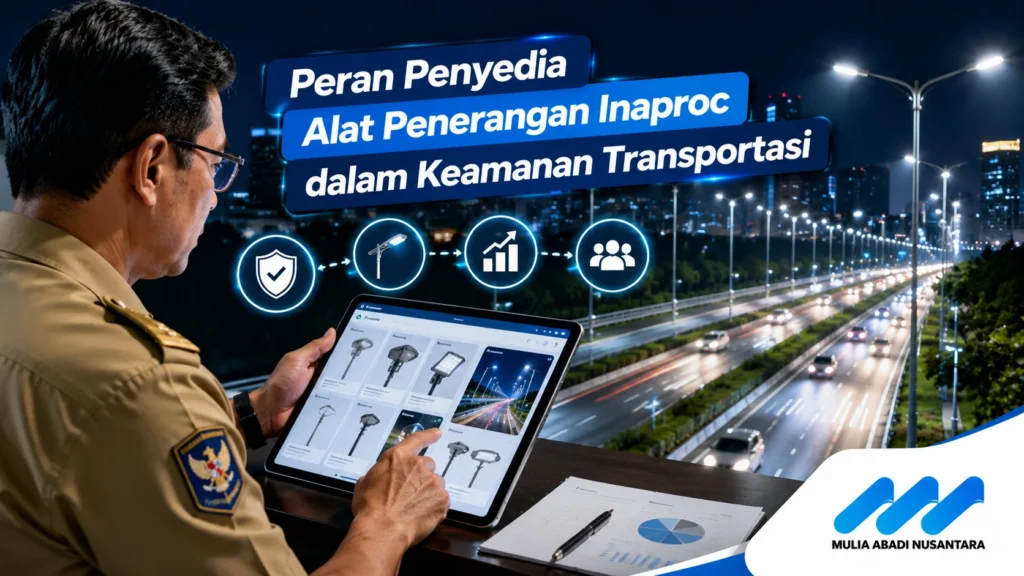 Pejabat pemerintah sedang meninjau katalog alat penerangan Inaproc untuk proyek jalan raya modern.