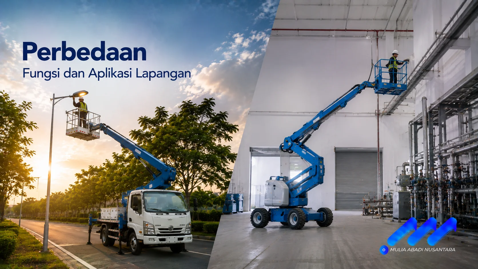 Perbandingan fungsi truk skylift dan boom lift pada pekerjaan lapangan ditampilkan untuk menunjukkan perbedaan penggunaan berdasarkan karakteristik dan kebutuhan operasional.