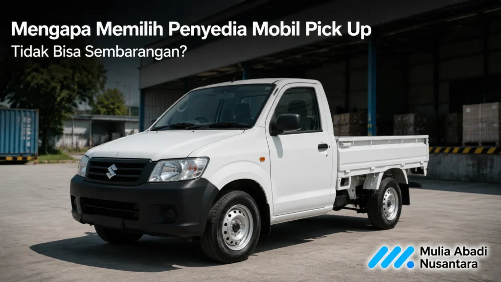 Mobil pick up untuk kebutuhan pengadaan pemerintah di area pergudangan modern.