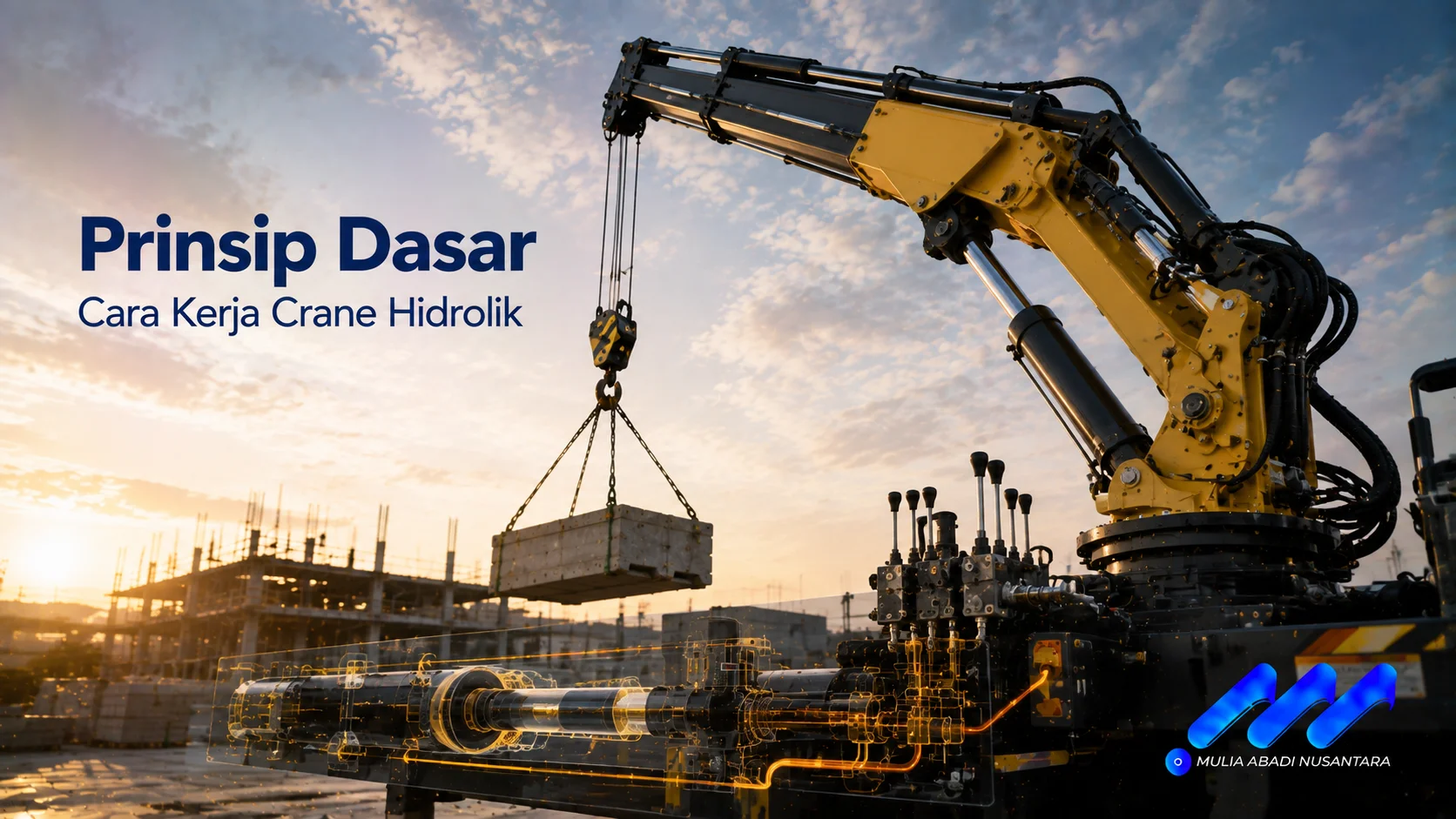 Crane hidrolik mengangkat material berat di area proyek sebagai ilustrasi prinsip dasar cara kerja sistem hidrolik untuk pengangkatan beban.