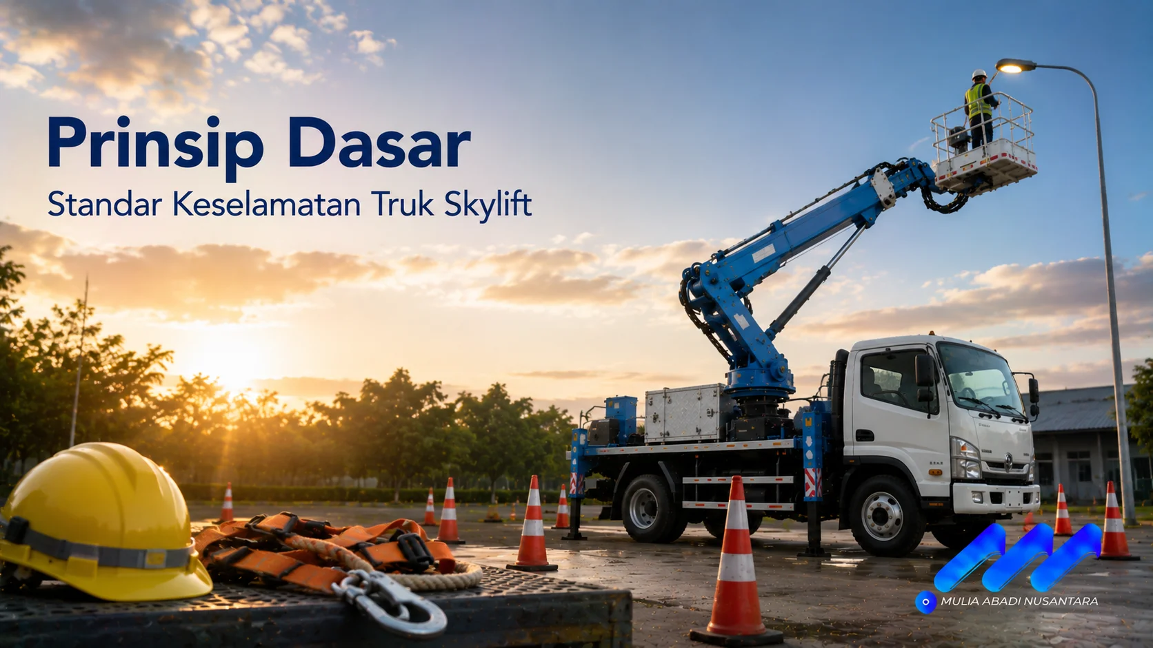 Truk skylift dengan penerapan standar keselamatan kerja ditampilkan sebagai ilustrasi pentingnya prosedur operasional yang aman saat bekerja di ketinggian.