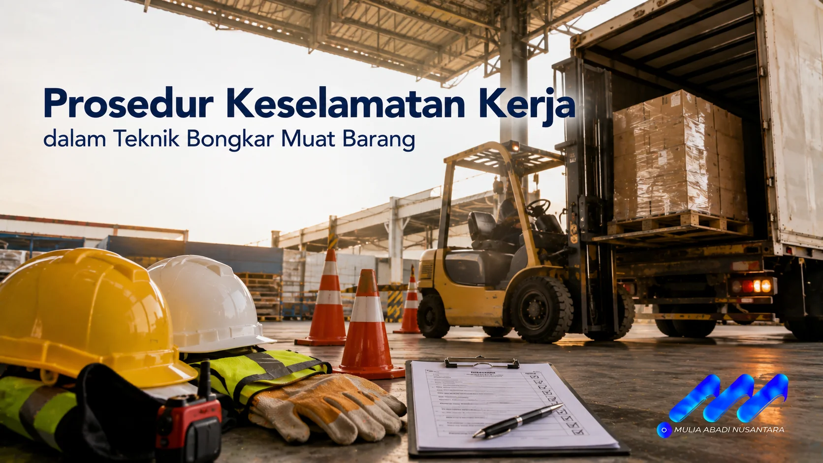 Prosedur keselamatan kerja dalam teknik bongkar muat barang menggunakan forklift dengan perlengkapan keselamatan dan area kerja yang tertata sesuai standar operasional.