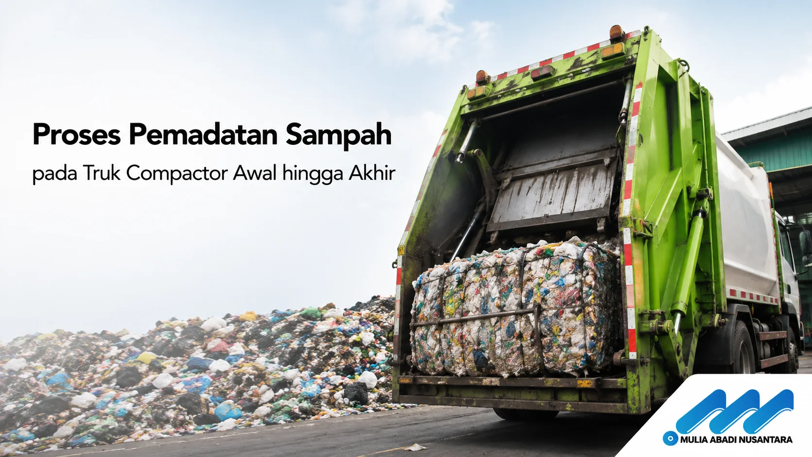 Truk compactor sedang melakukan proses pemadatan sampah dari bagian belakang dengan sistem hidrolik di area pengelolaan sampah, menggambarkan tahapan pemadatan sampah dari awal hingga akhir.