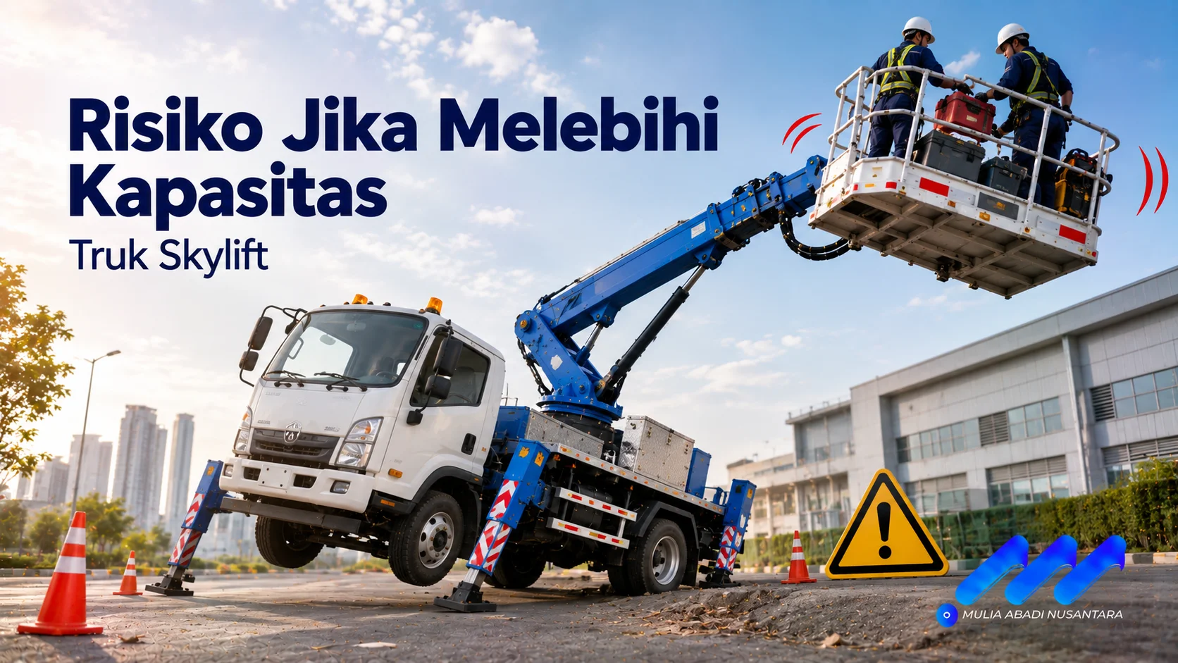 Truk skylift dengan boom hidrolik memperlihatkan ilustrasi risiko operasional akibat beban yang melebihi kapasitas kerja saat digunakan di ketinggian.