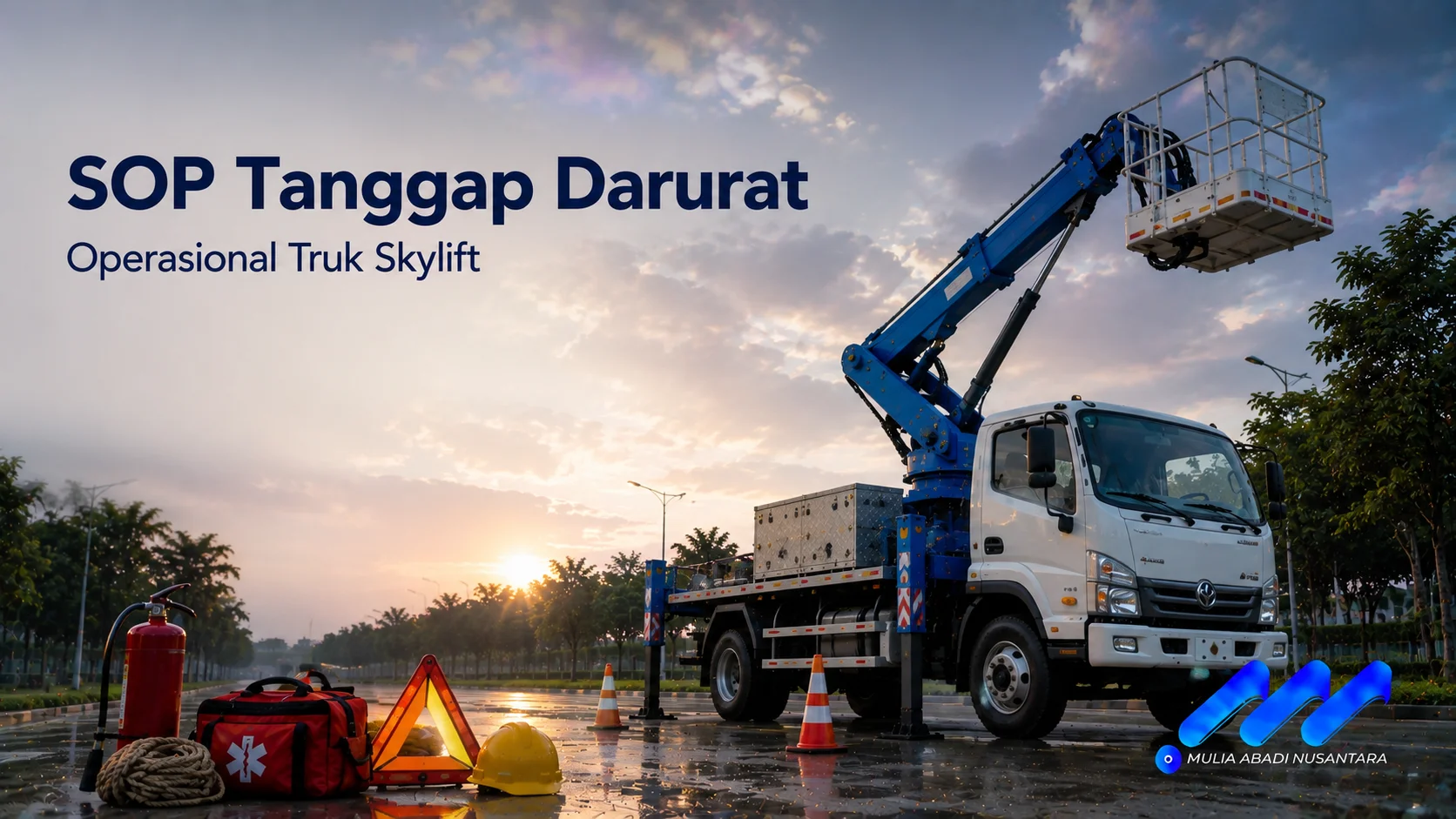 Truk skylift dengan perlengkapan tanggap darurat ditampilkan sebagai ilustrasi penerapan SOP operasional untuk menjaga keselamatan kerja di ketinggian.