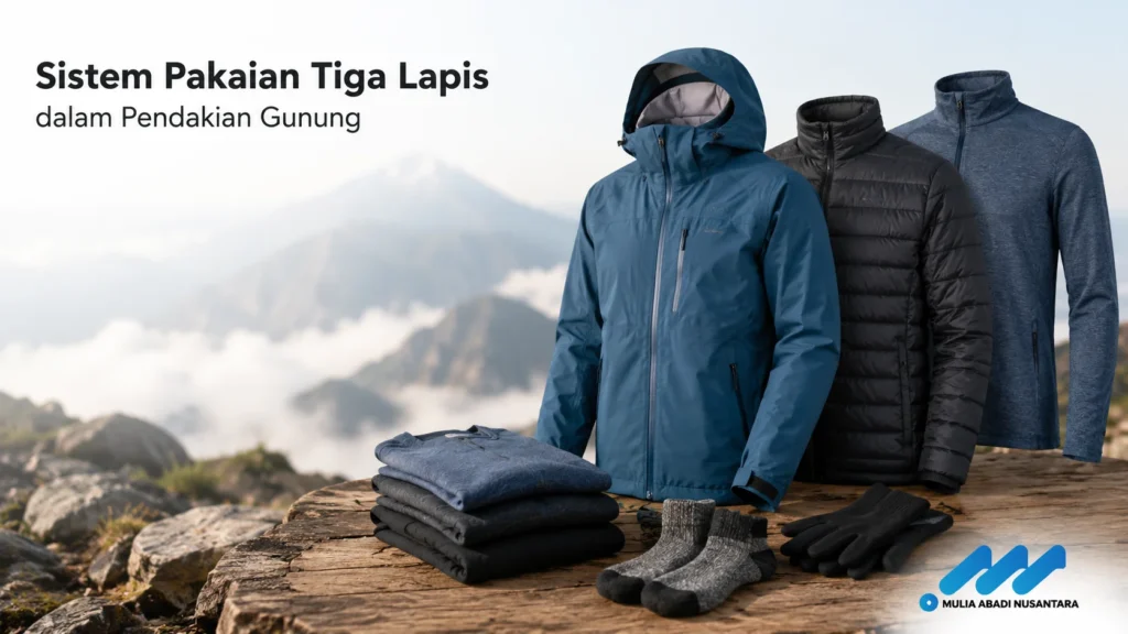 Prinsip dasar sistem pakaian tiga lapis yang terdiri dari base layer mid layer dan outer layer untuk efisiensi manajemen suhu tubuh pendaki