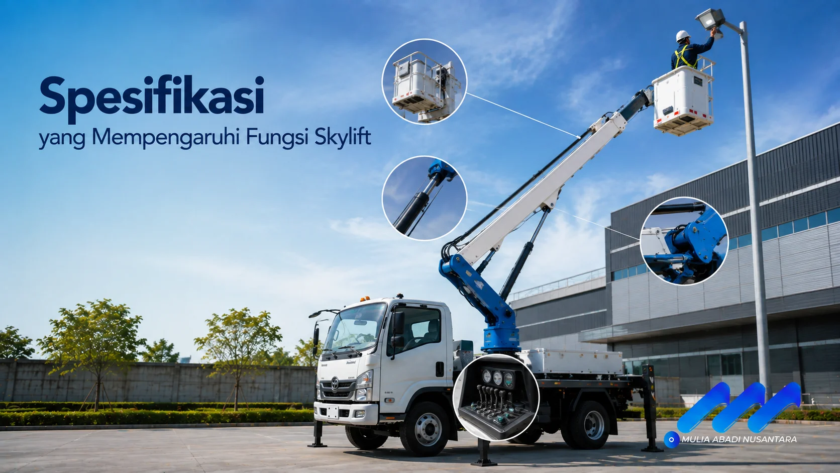 Truk skylift dengan boom hidrolik dan bucket kerja ditampilkan sebagai ilustrasi spesifikasi utama yang memengaruhi performa dan fungsi alat di lapangan.
