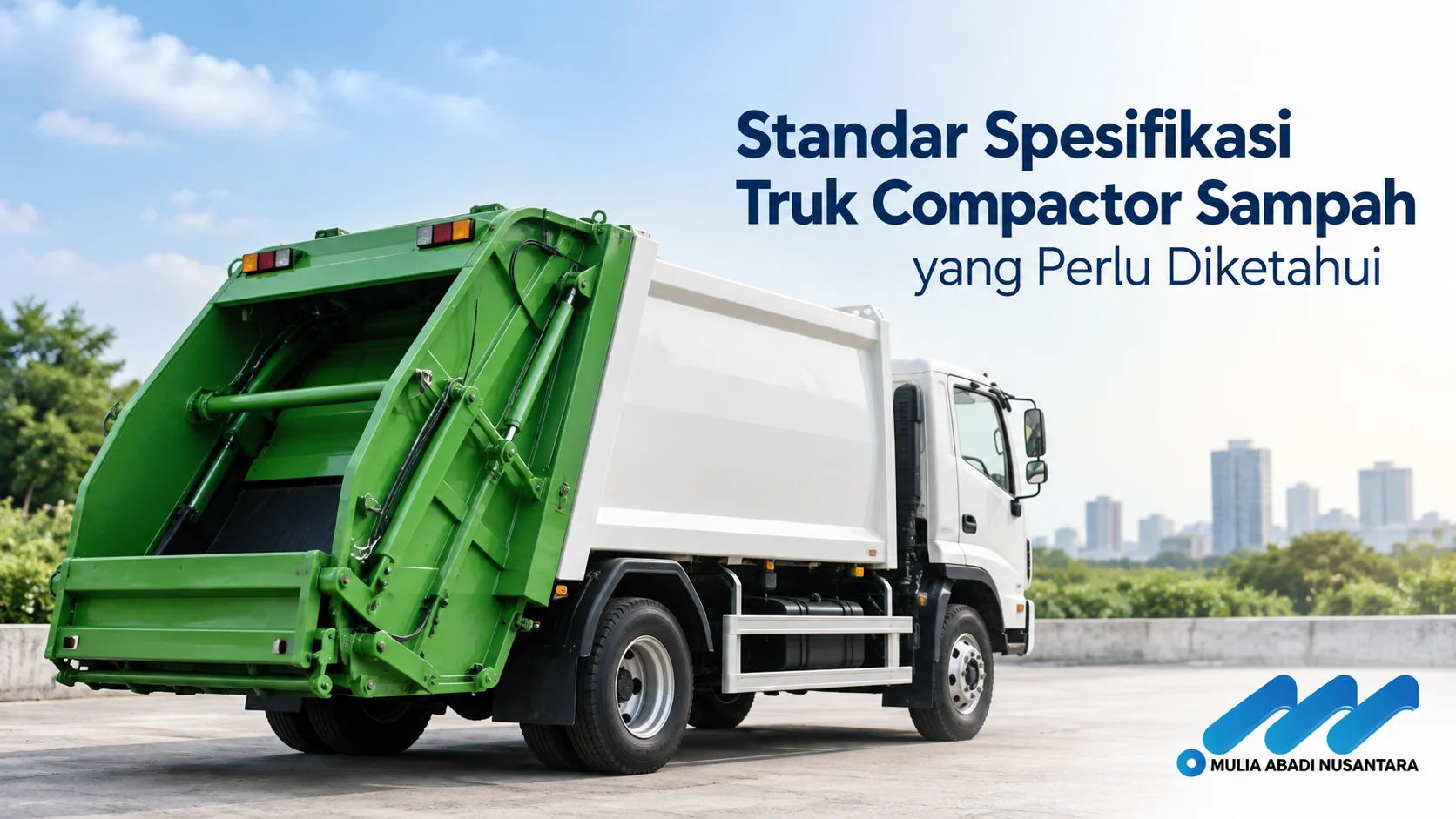 truk compactor sampah dengan desain realistis yang menampilkan standar spesifikasi truk compactor sampah untuk kebutuhan pengelolaan limbah.