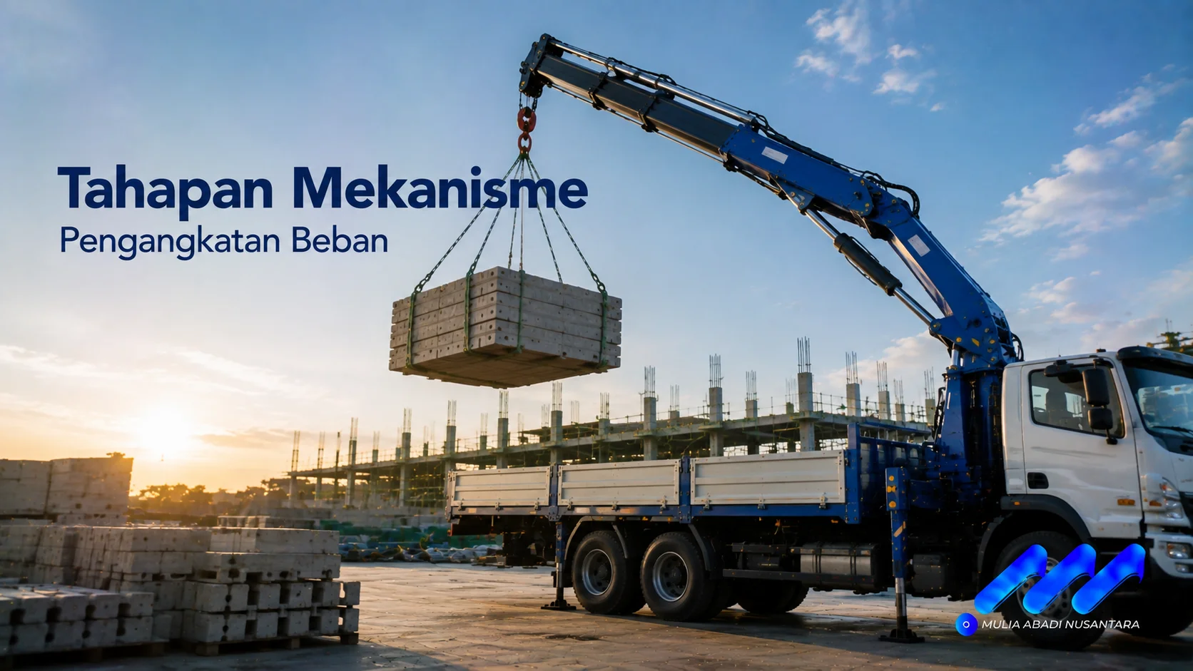 Tahapan mekanisme pengangkatan beban menggunakan crane hidrolik pada self loader untuk memindahkan material berat secara aman dan efisien di area proyek.