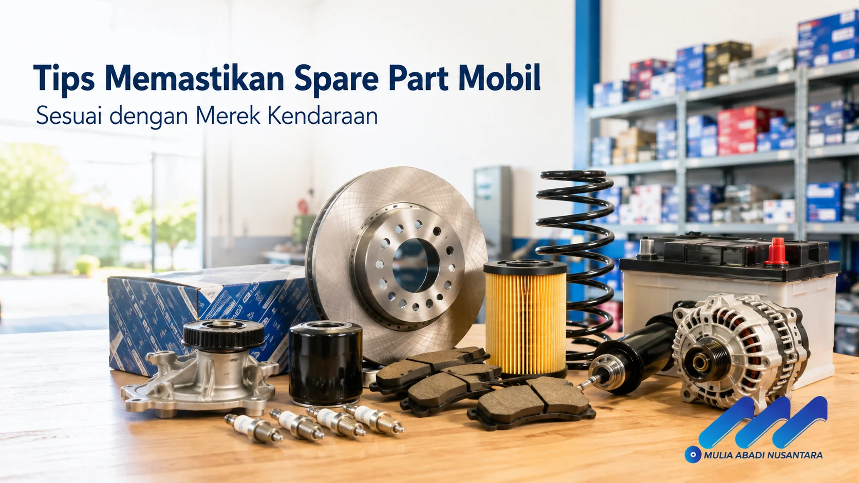 Berbagai spare part mobil berkualitas tersusun rapi di meja kerja bengkel modern sebagai ilustrasi pentingnya memilih komponen yang sesuai dengan merek kendaraan.