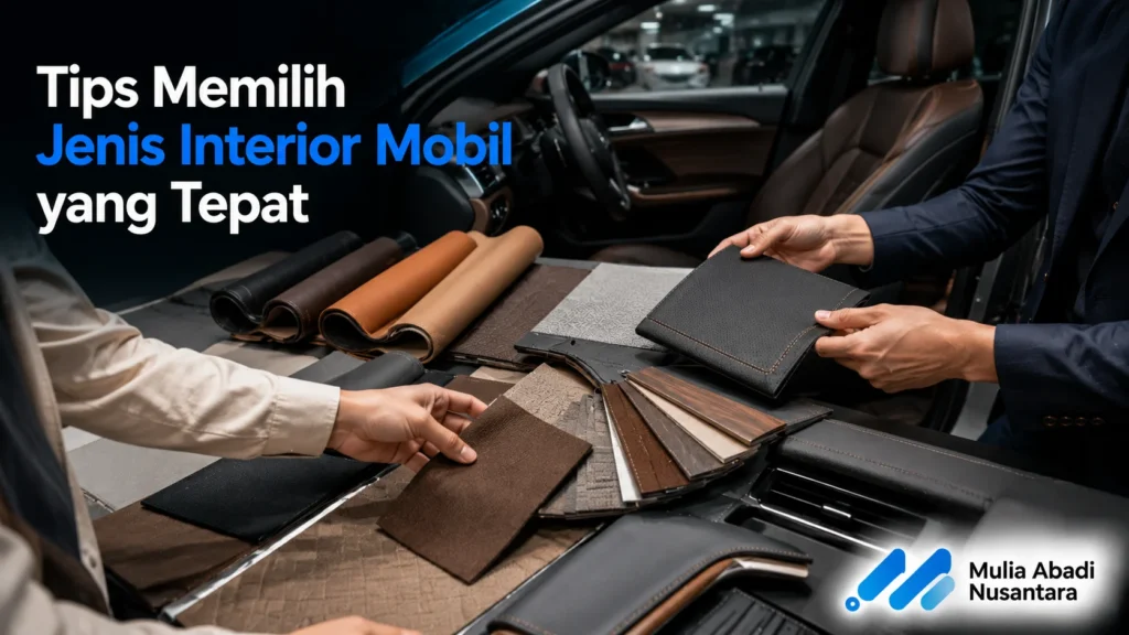 Konsultan interior mobil sedang memberikan rekomendasi material kepada pelanggan dengan contoh sampel kulit, fabric, dan dashboard.