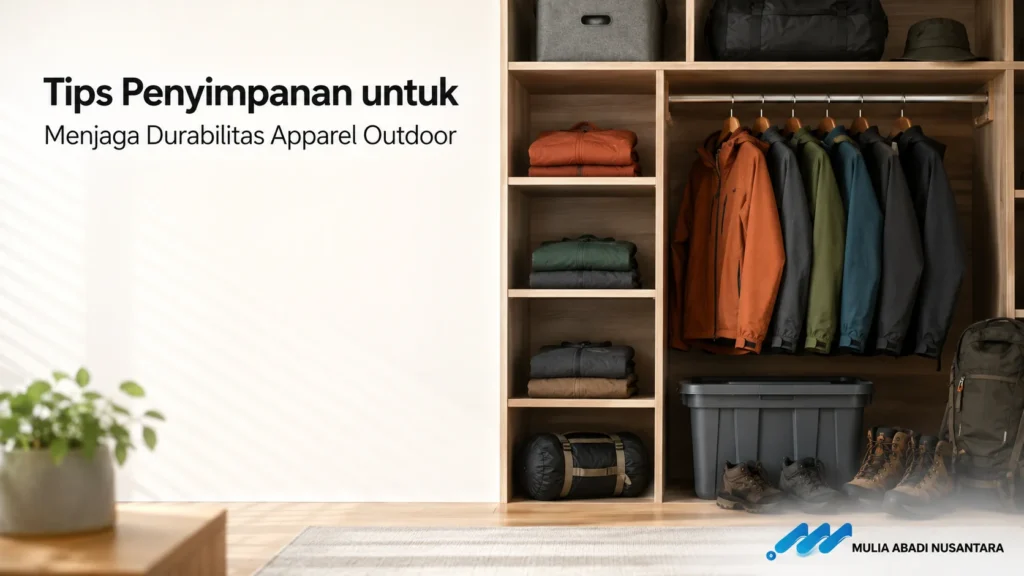 Tips praktis menyimpan apparel outdoor di tempat kering dengan sirkulasi udara baik dan tambahan silica gel untuk menjaga durabilitas material kain