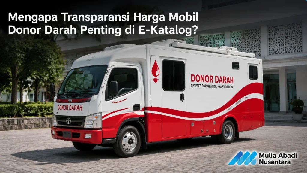 Mobil donor darah untuk pengadaan E-Katalog di area fasilitas kesehatan modern.
