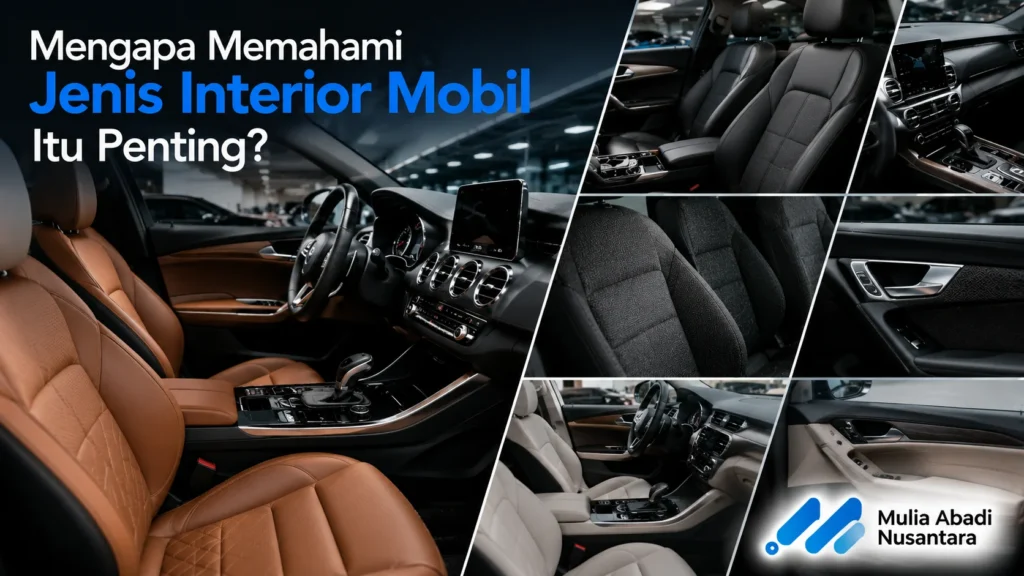 Jenis interior mobil modern dengan material kulit, fabric, dashboard premium, dan door trim