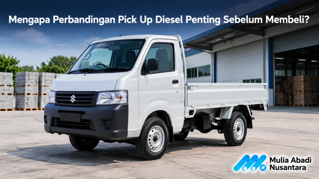 Mobil pick up diesel untuk kebutuhan angkut barang di area gudang industri.