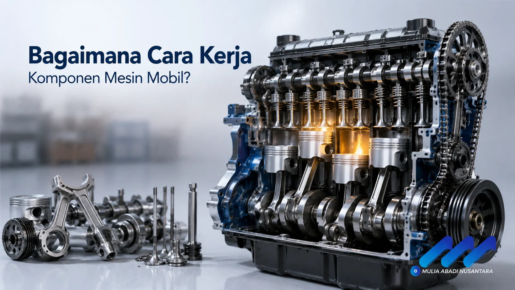 Potongan komponen mesin mobil yang memperlihatkan piston, crankshaft, camshaft, dan katup sebagai ilustrasi cara kerja sistem mesin kendaraan.