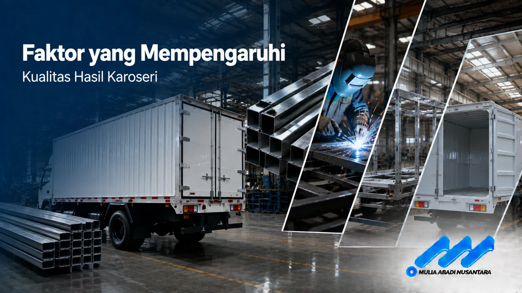 Proses fabrikasi karoseri dengan material berkualitas dan pengelasan presisi untuk menghasilkan konstruksi kendaraan yang kokoh.