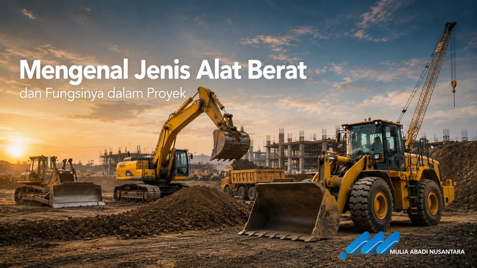 Banner Mengenal Jenis Alat Berat dan Fungsinya dalam Proyek dengan excavator, wheel loader, bulldozer, dan alat berat lainnya di area konstruksi.