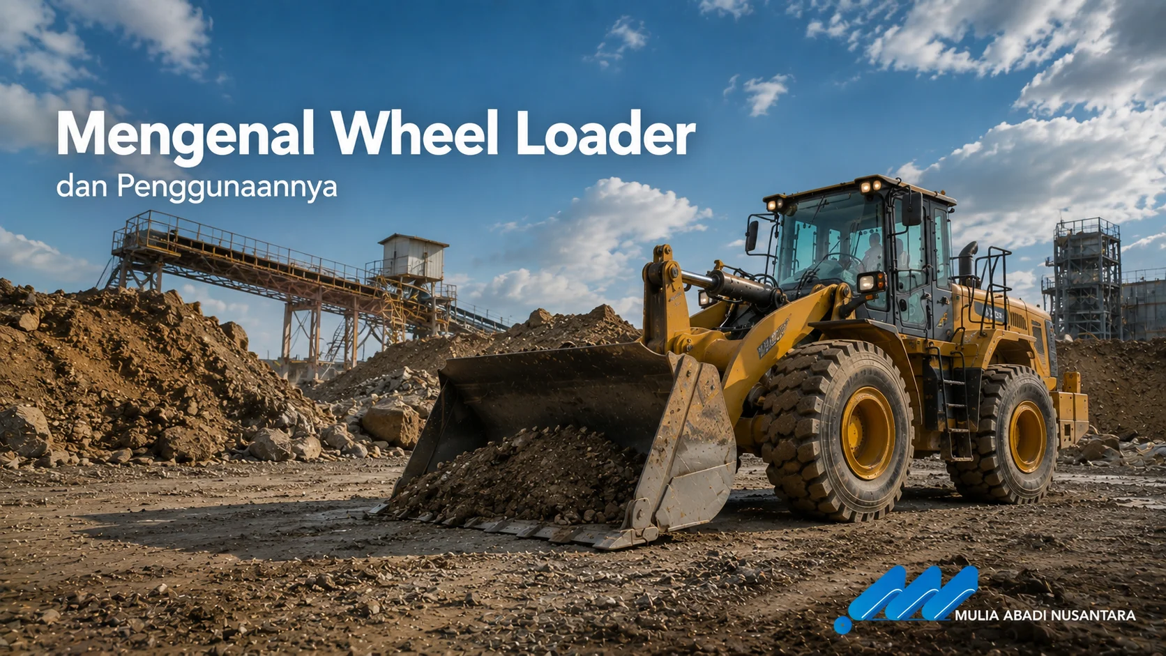 Banner Mengenal Wheel Loader dan Penggunaannya dengan wheel loader mengangkut material di area proyek pertambangan.