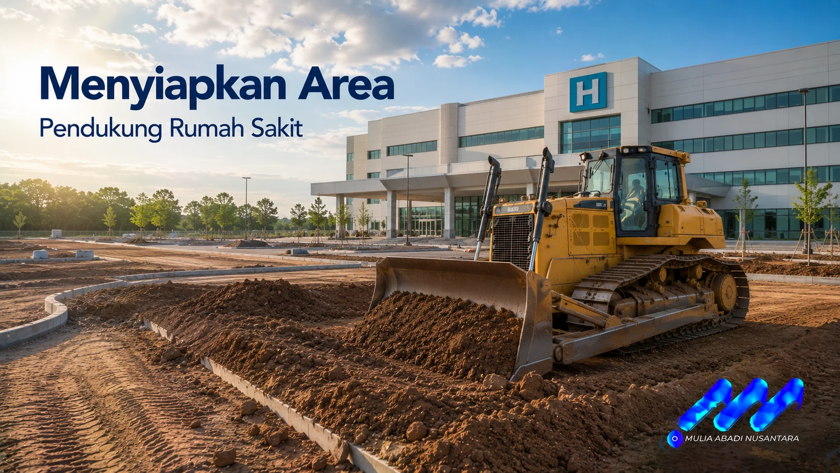 Bulldozer menyiapkan area pendukung rumah sakit melalui pekerjaan perataan dan pembentukan lahan.