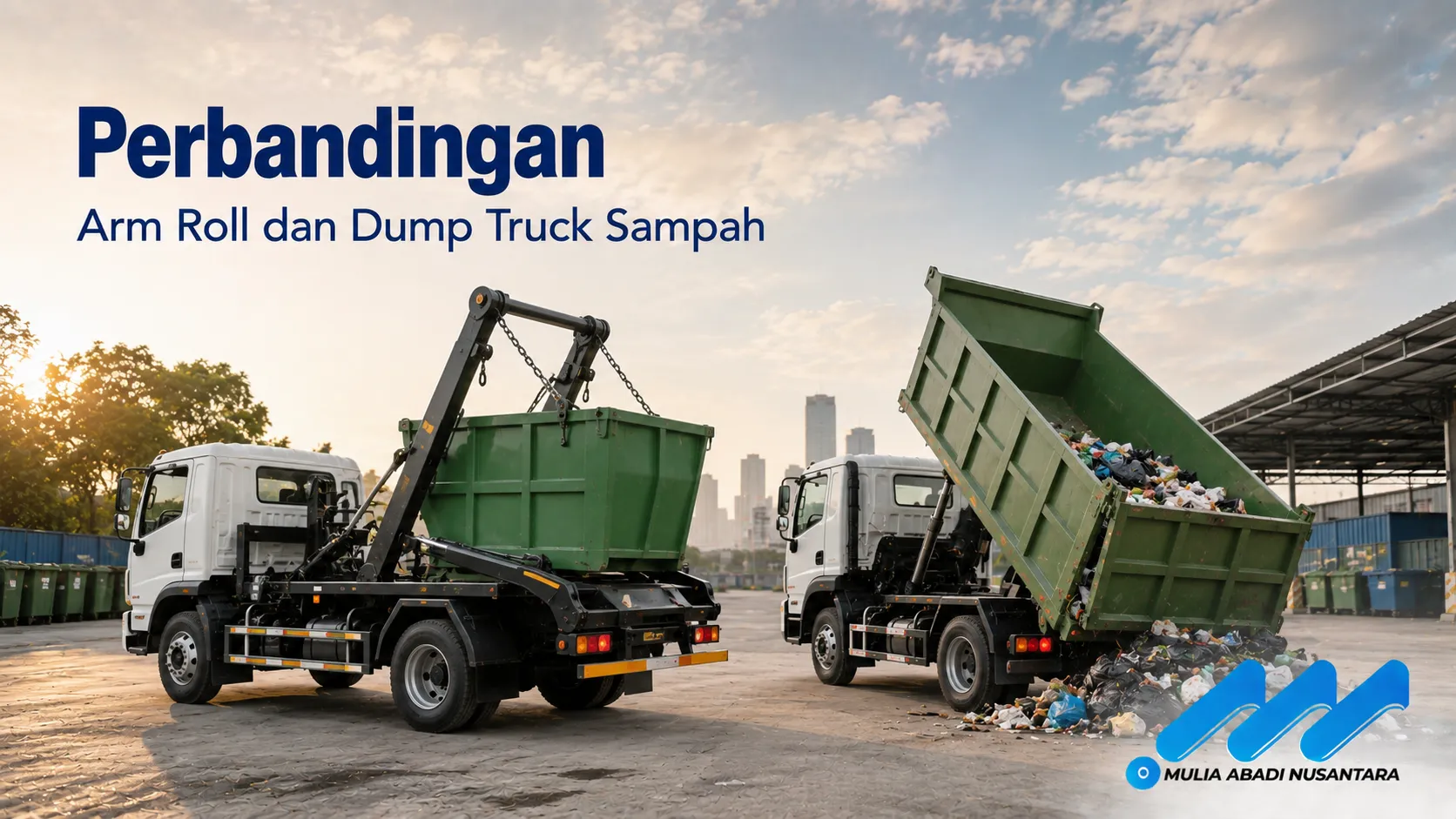 Perbandingan arm roll dan dump truck untuk pengangkutan sampah.