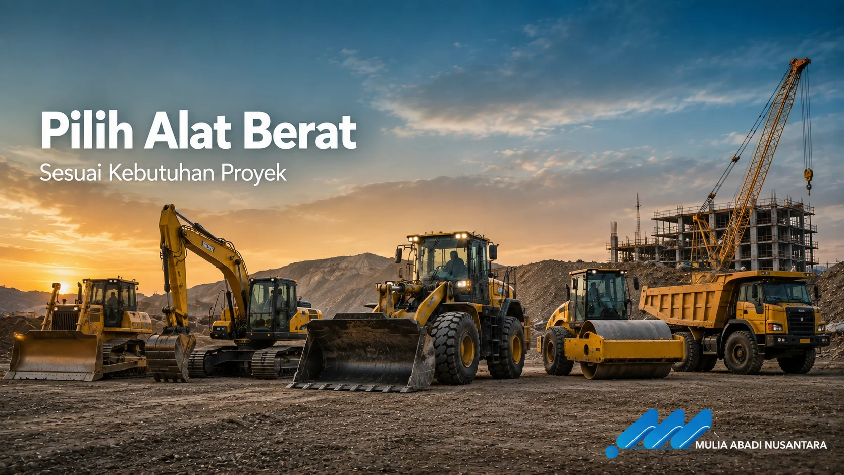 Banner Pilih Alat Berat Sesuai Kebutuhan Proyek dengan berbagai jenis alat berat di area konstruksi.
