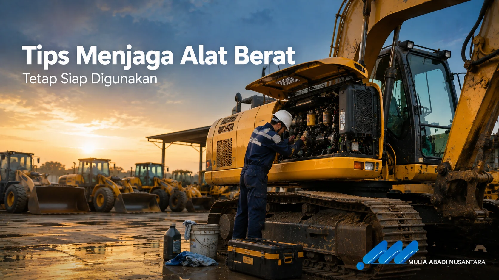 Banner Tips Menjaga Alat Berat Tetap Siap Digunakan dengan proses perawatan excavator di area proyek.