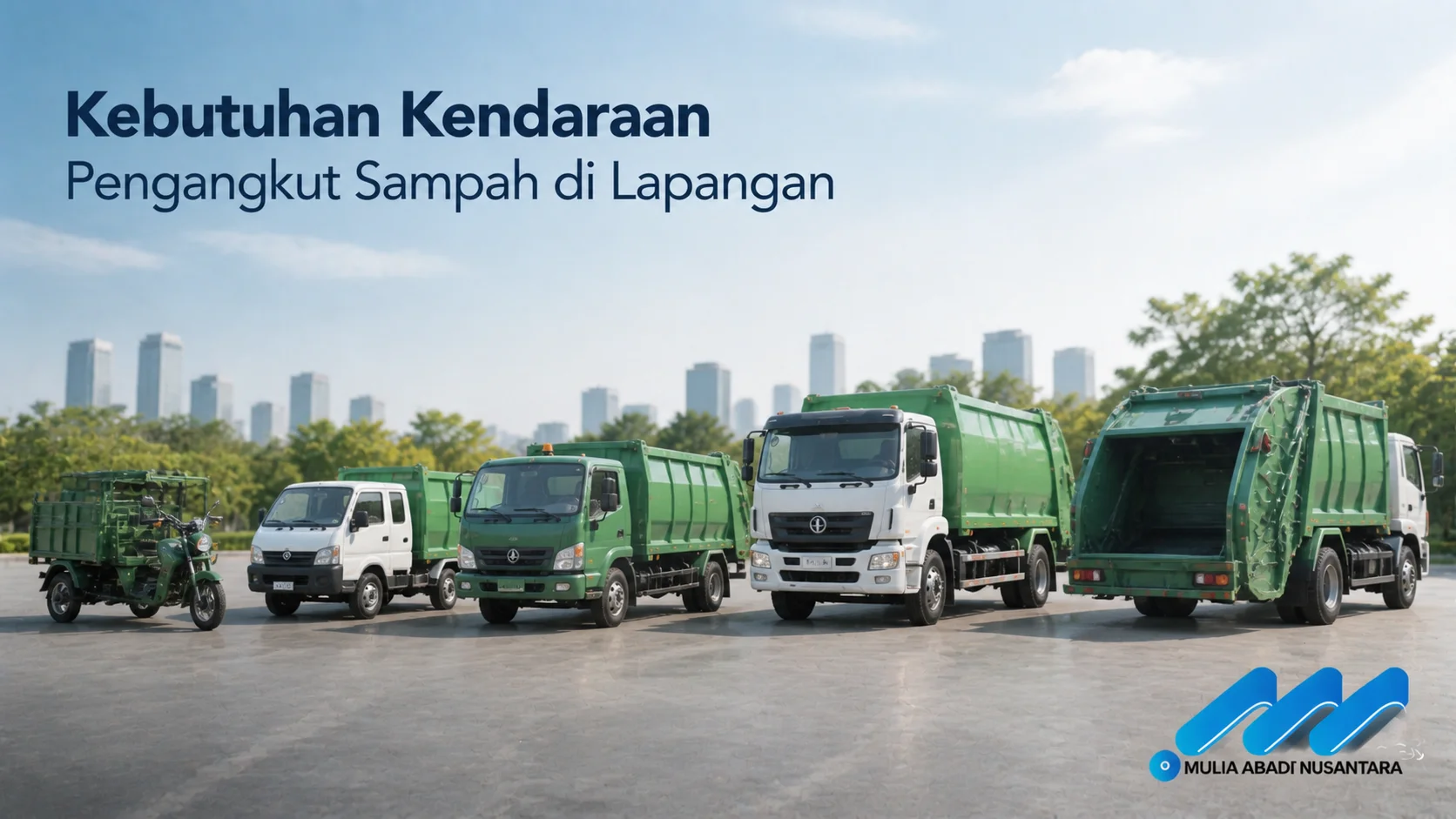 Berbagai jenis kendaraan pengangkut sampah untuk mendukung kebutuhan operasional pengelolaan limbah.