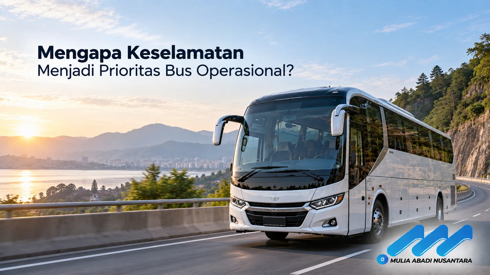 Bus operasional melaju di jalan raya sebagai ilustrasi pentingnya keselamatan dalam transportasi.