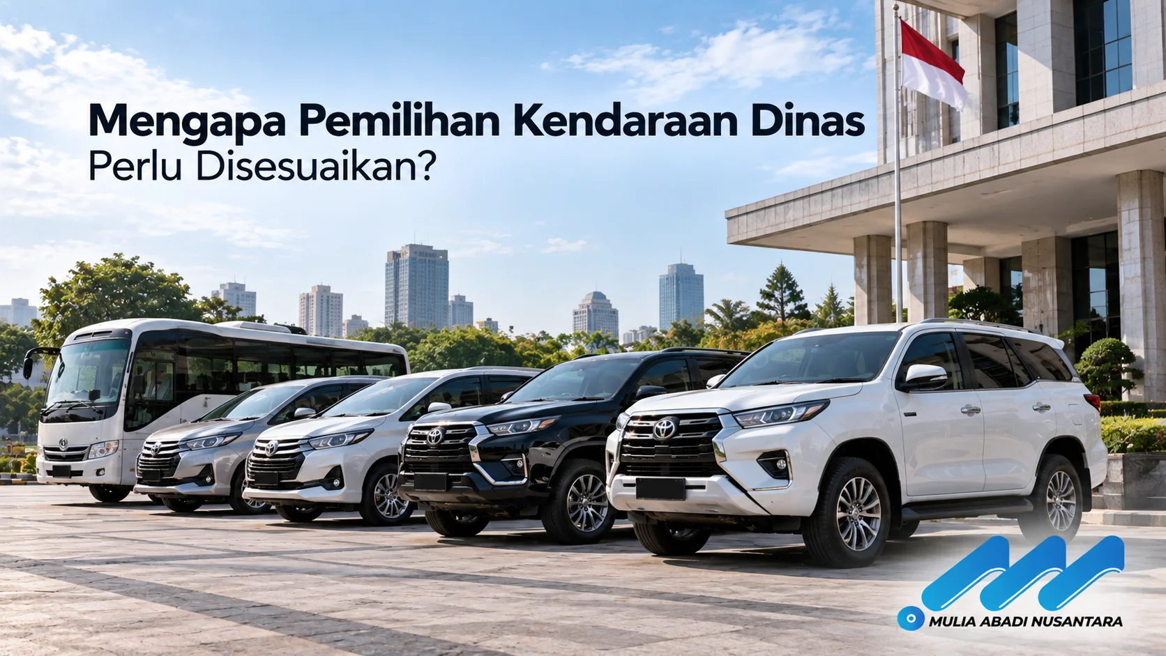 Beragam kendaraan dinas, termasuk MPV, SUV, dan minibus, berjajar di depan gedung pemerintahan.