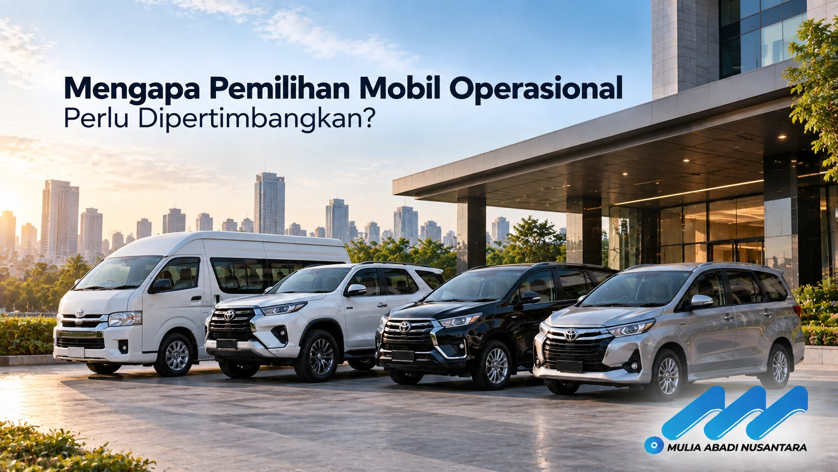 Beragam mobil operasional, SUV, dan minibus berjajar di depan gedung modern untuk mendukung kebutuhan mobilitas instansi.