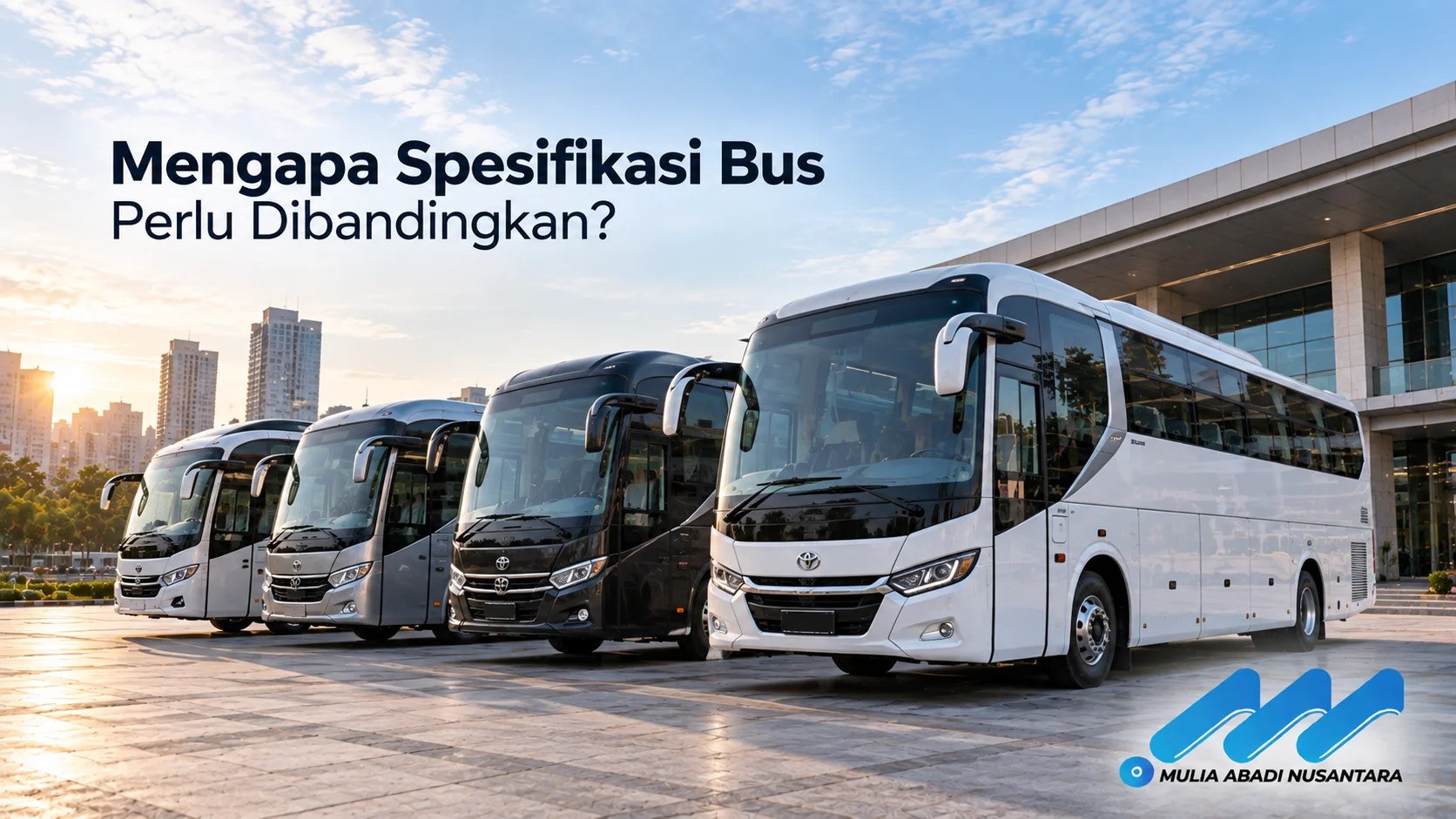 Banner bus modern dengan judul “Mengapa Spesifikasi Bus Perlu Dibandingkan?” dan logo Mulia Abadi Nusantara.
