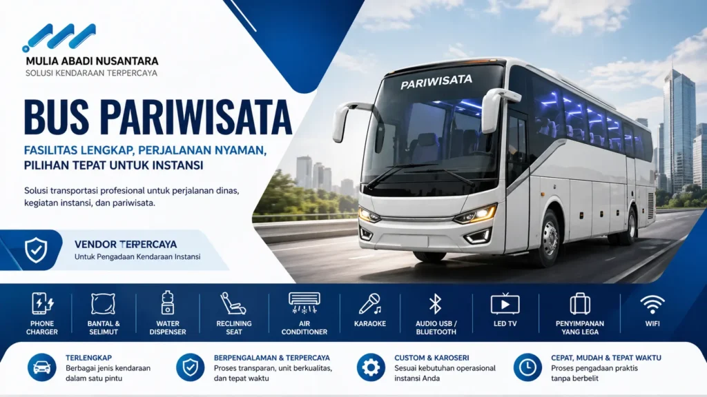 Gambar Bus pariwisata MULIA ABADI NUSANTARA dengan fasilitas lengkap untuk perjalanan dinas dan instansi