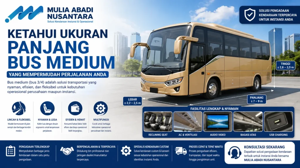 Visual dimensi panjang bus medium lengkap dengan ukuran lebar dan tinggi