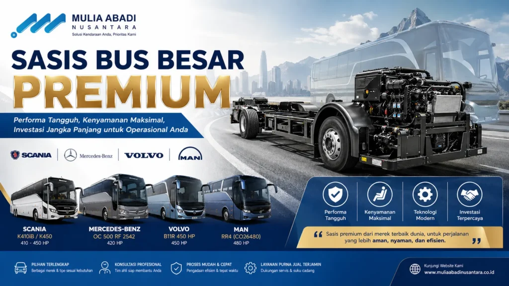 Ilustrasi sasis bus besar premium untuk pengadaan kendaraan operasional perusahaan