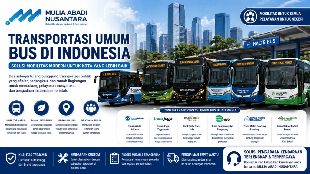 Ilustrasi Transportasi umum bus modern di Indonesia sebagai solusi mobilitas dan pengadaan kendaraan oleh Mulia Abadi Nusantara